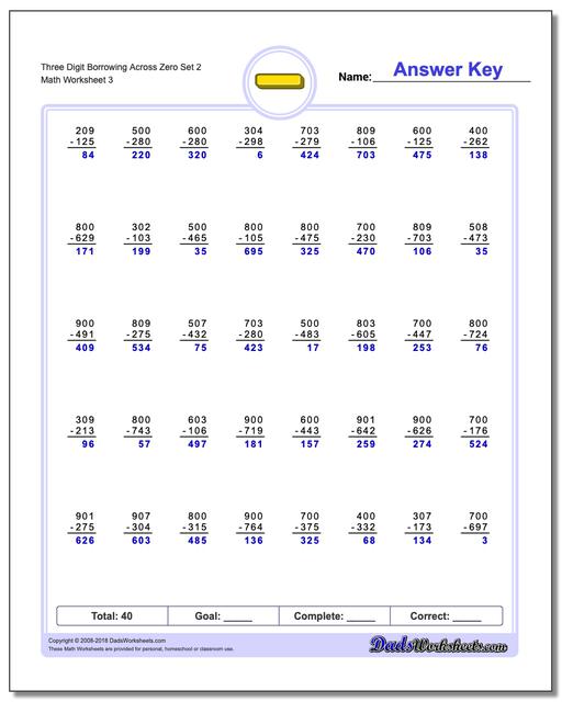 Three Digit Borrowing Across Zero Set 2 Worksheet