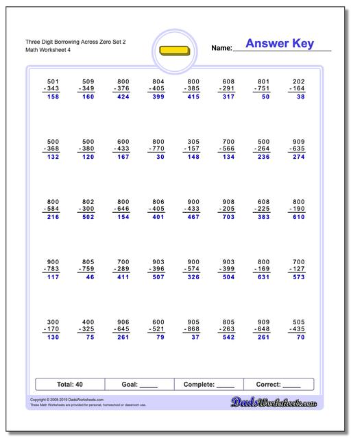 Subtraction Worksheets: Borrowing Across Zero