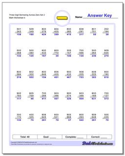 Three Digit Borrowing Across Zero Set 2 Worksheet