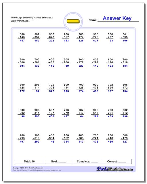 Three Digit Borrowing Across Zero Set 2 Worksheet