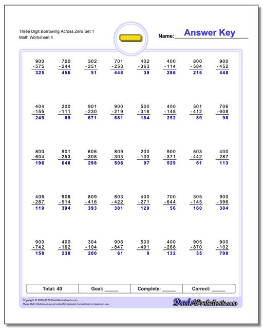 Three Digit Borrowing Across Zero Set 1 Worksheet