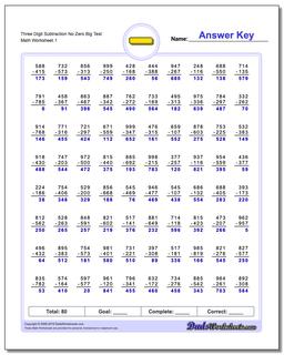 Subtraction Worksheet Three Digit No Zero Big Test