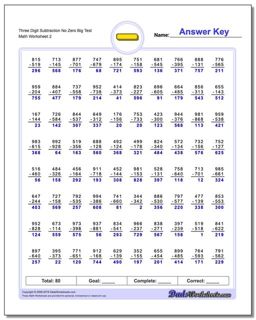 Three Digit Subtraction Worksheet No Zero Big Test www.dadsworksheets.com/worksheets/subtraction.html