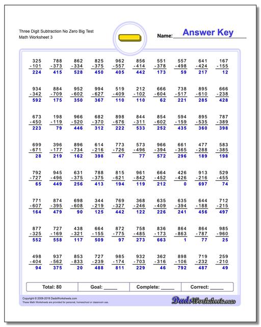 Three Digit Subtraction Worksheet No Zero Big Test