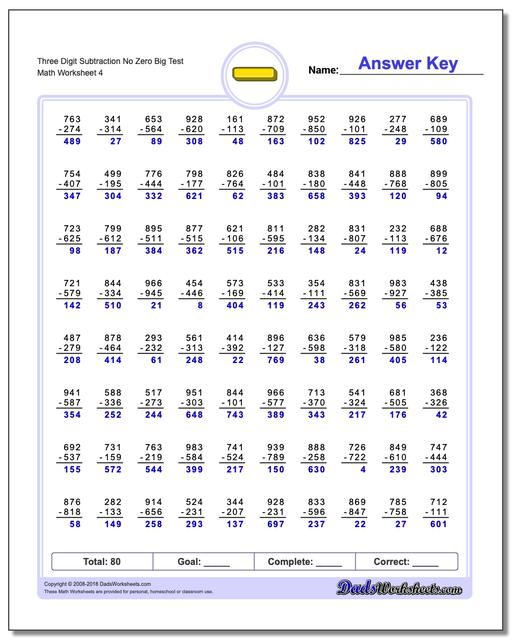 Three Digit Subtraction Worksheet No Zero Big Test