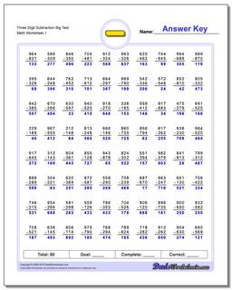 Subtraction Worksheet Three Digit Big Test