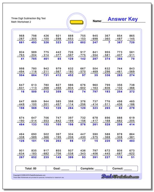 Three Digit Subtraction Worksheet Big Test www.dadsworksheets.com/worksheets/subtraction.html