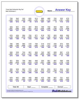 Three Digit Subtraction Worksheet Big Test