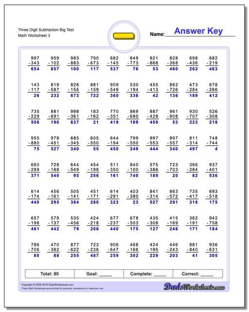 Three Digit Subtraction Worksheet Big Test