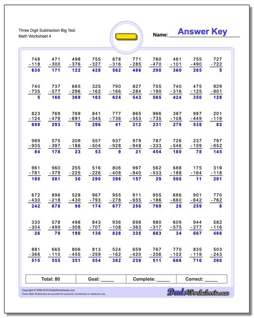 Three Digit Subtraction Worksheet Big Test