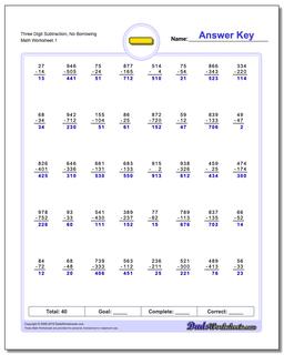 Subtraction Worksheet Three Digit No Borrowing