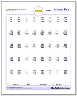 Three Digit Subtraction Worksheet, No Borrowing