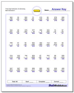 Three Digit Subtraction Worksheet, No Borrowing