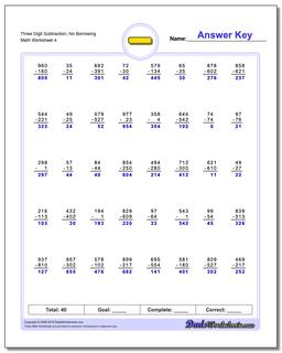 Three Digit Subtraction Worksheet, No Borrowing