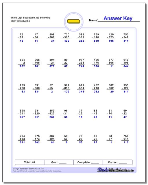 Three Digit Subtraction Worksheet, No Borrowing