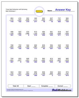 Subtraction Worksheet Three Digit with Borrowing