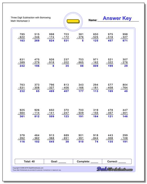 Three Digit Subtraction Worksheet with Borrowing