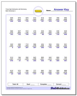 Three Digit Subtraction Worksheet with Borrowing