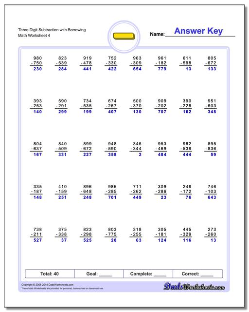 Three Digit Subtraction Worksheet with Borrowing