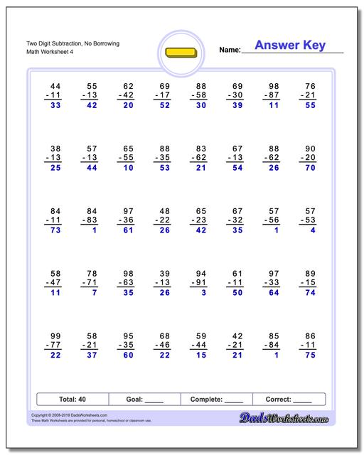 Subtraction Worksheets: No Borrowing