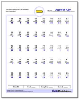 Subtraction Worksheet Two Digit No Zero Borrowing