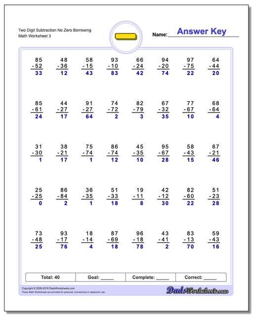 Two Digit Subtraction Worksheet No Zero Borrowing