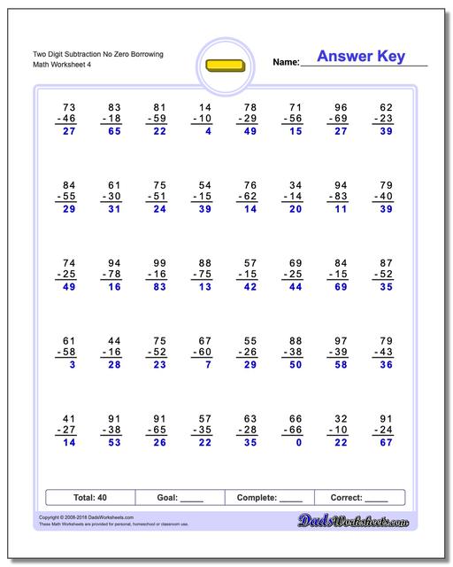 Two Digit Subtraction Worksheet No Zero Borrowing