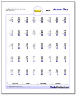 Two Digit Subtraction Worksheet with Borrowing