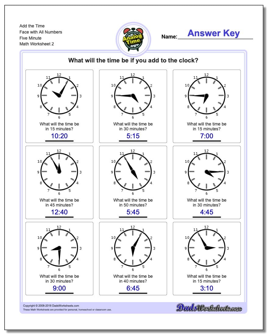 Add the Time Face with All Numbers Five Minute www.dadsworksheets.com/worksheets/telling-analog-time.html Worksheet