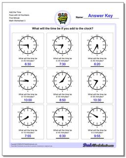 Add the Time Face with All Numbers Five Minute Worksheet