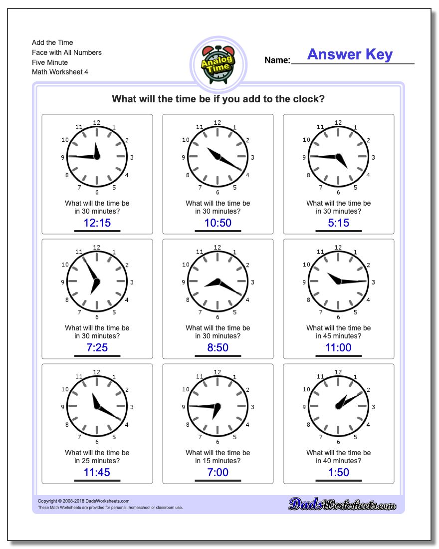 Add the Time Face with All Numbers Five Minute Worksheet
