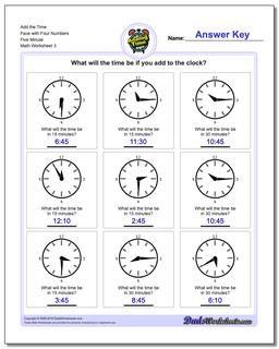 Add the Time Face with Four Numbers Five Minute Worksheet