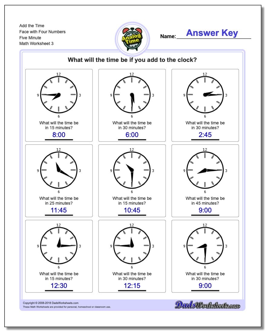 Add the Time Face with Four Numbers Five Minute Worksheet