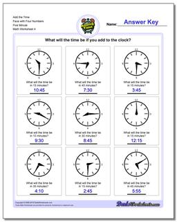 Add the Time Face with Four Numbers Five Minute Worksheet