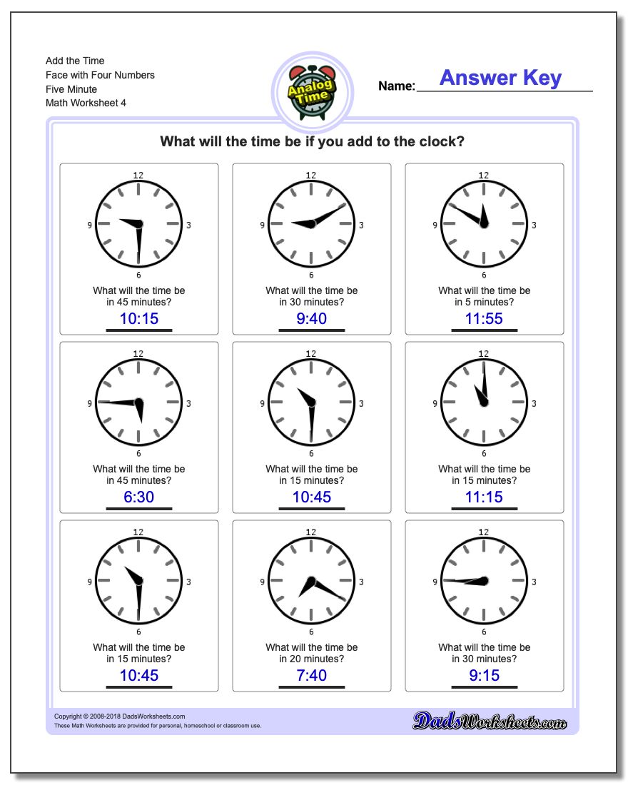Add the Time Face with Four Numbers Five Minute Worksheet