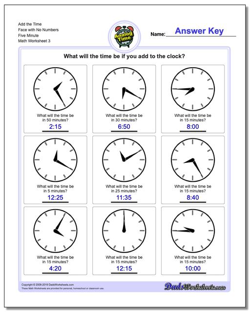 Telling Analog Time: Five Minute Time Addition