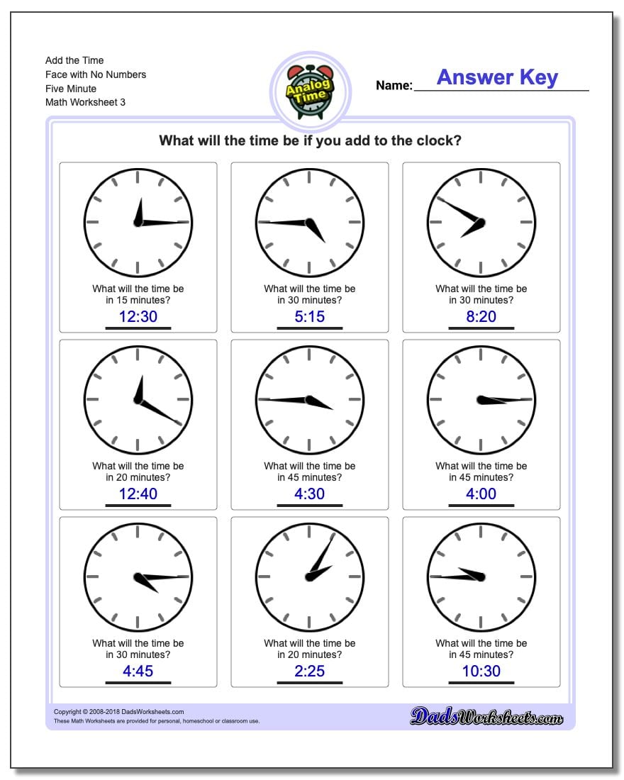 Add the Time Face with No Numbers Five Minute Worksheet