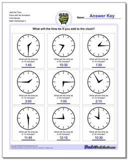 Add the Time Face with No Numbers Five Minute Worksheet