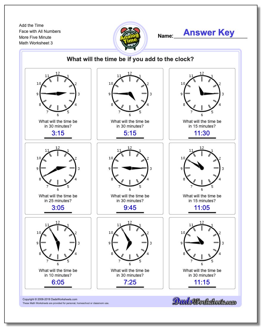 Add the Time Face with All Numbers More Five Minute Worksheet