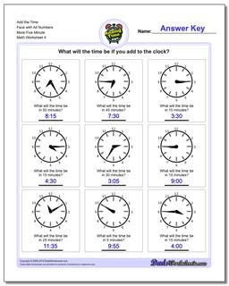 Add the Time Face with All Numbers More Five Minute Worksheet