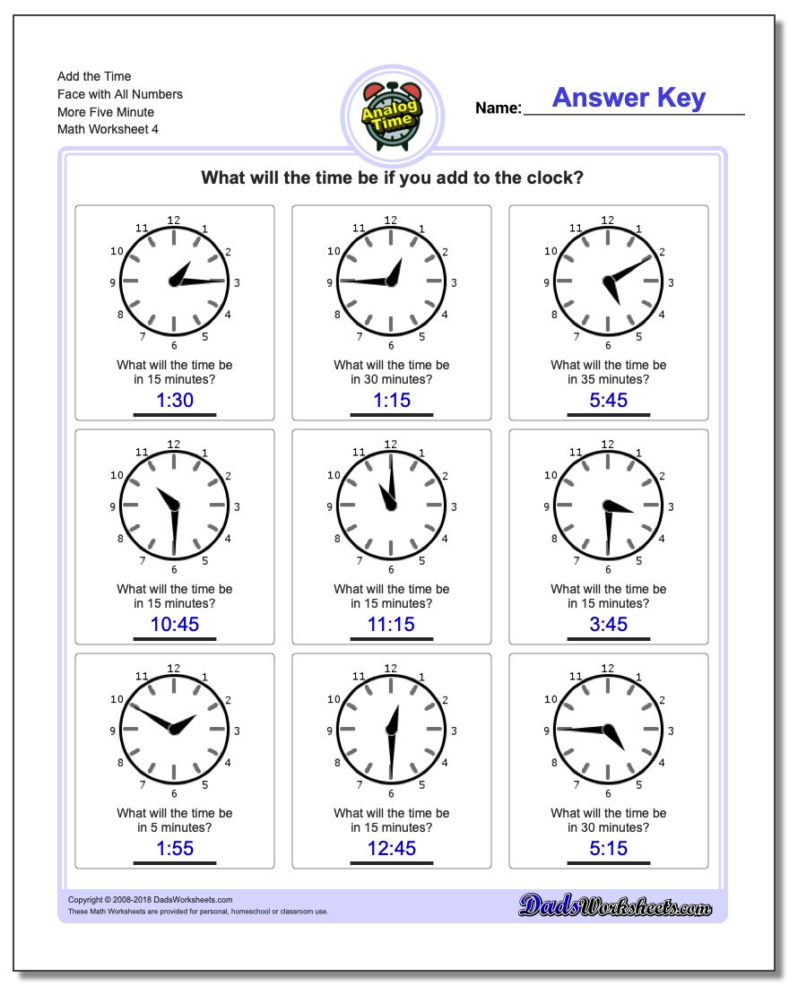 Add the Time Face with All Numbers More Five Minute Worksheet
