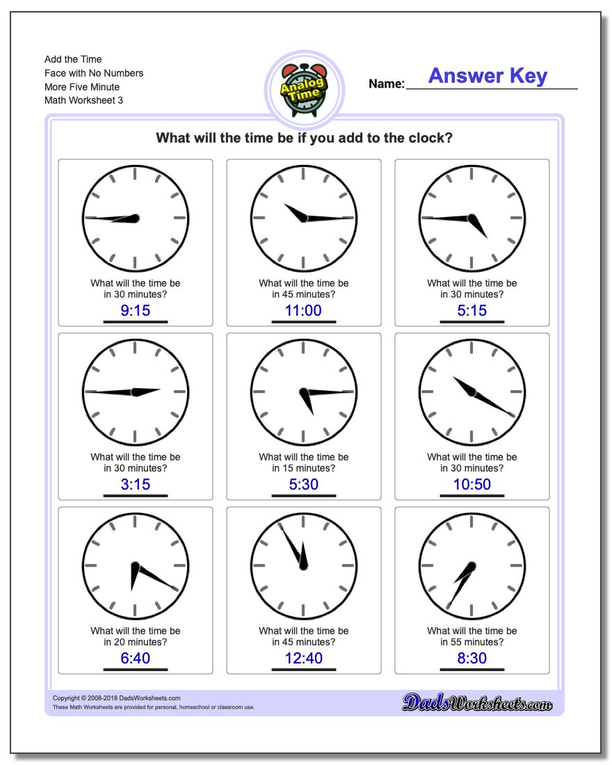 Add the Time Face with No Numbers More Five Minute Worksheet