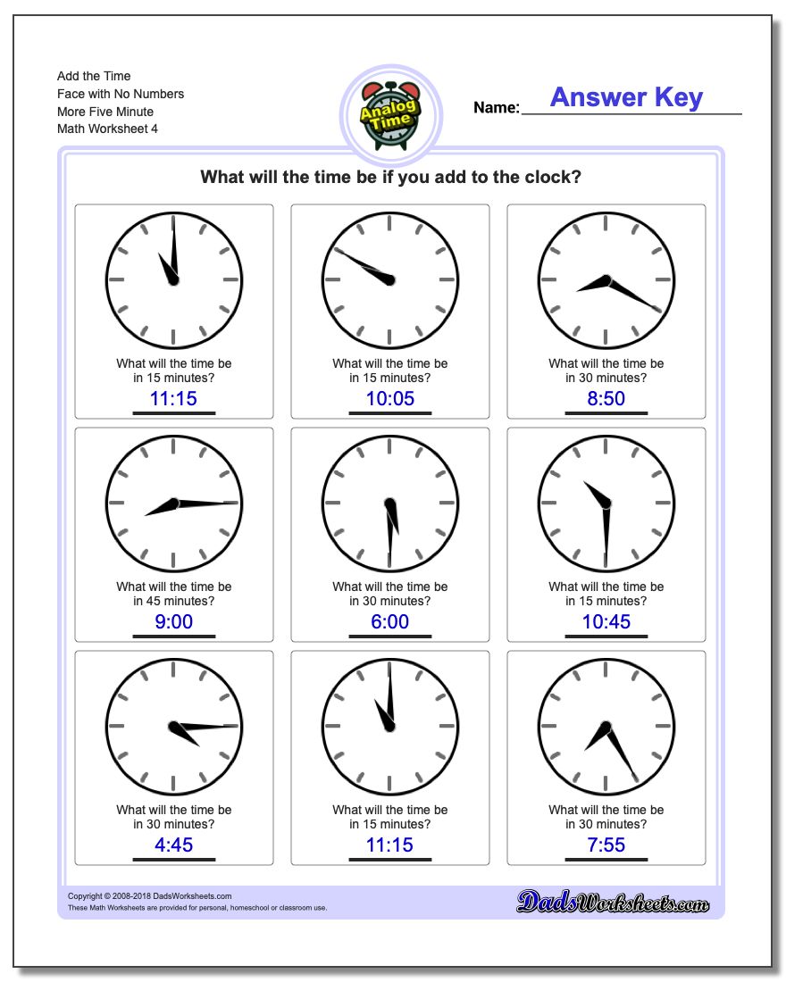 Add the Time Face with No Numbers More Five Minute Worksheet