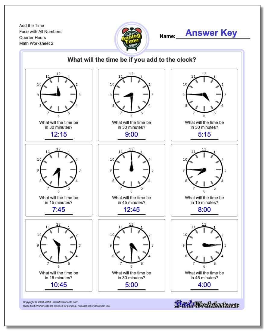 Add the Time Face with All Numbers Quarter Hours www.dadsworksheets.com/worksheets/telling-analog-time.html Worksheet