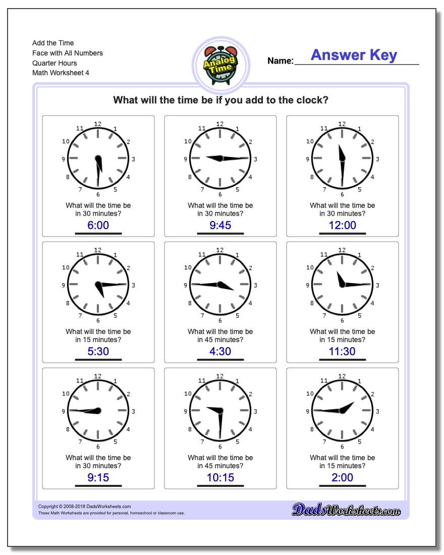 Add the Time Face with All Numbers Quarter Hours Worksheet