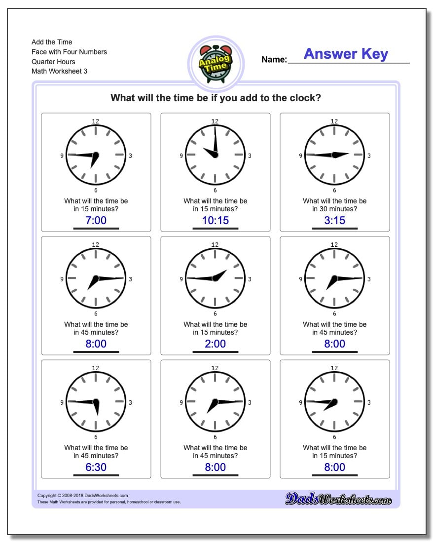 Add the Time Face with Four Numbers Quarter Hours Worksheet