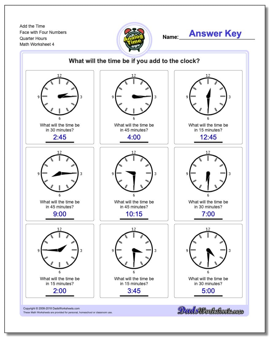 Add the Time Face with Four Numbers Quarter Hours Worksheet