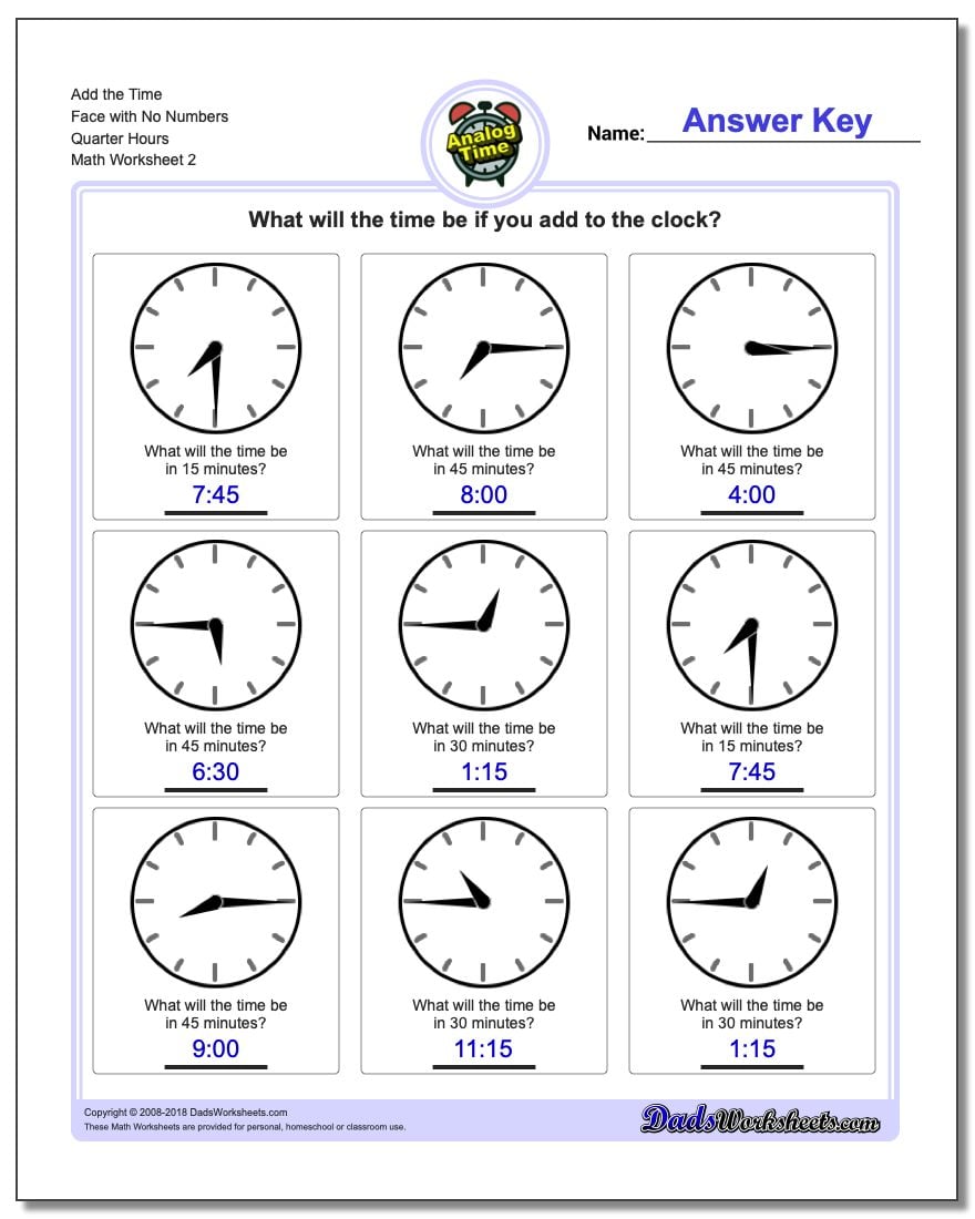 Add the Time Face with No Numbers Quarter Hours www.dadsworksheets.com/worksheets/telling-analog-time.html Worksheet