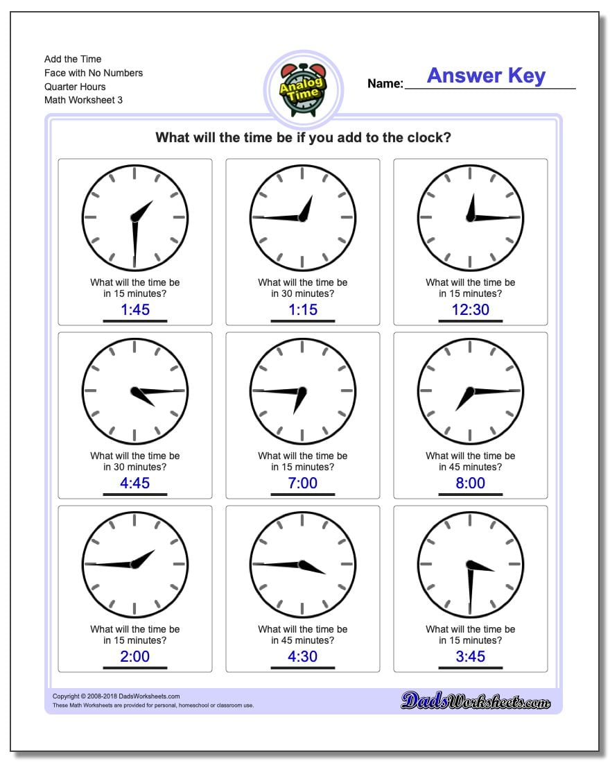 Add the Time Face with No Numbers Quarter Hours Worksheet