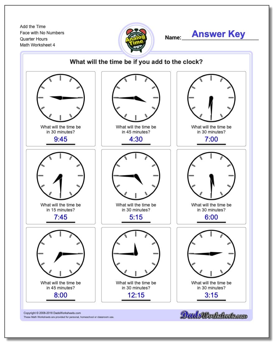 Add the Time Face with No Numbers Quarter Hours Worksheet
